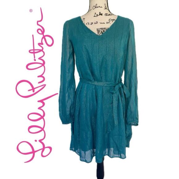 LILLY PULITZER KALIANNA DRESS VALENCIA TEAL/METALLIC SZ S FLOWY SOPHISTICATED - Picture 1 of 16